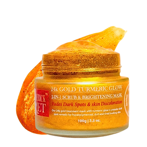 My Turmerick Secret 24k gold turmeric face mask in a gold jar with brightening and scrubbing properties enriched with glutathione 