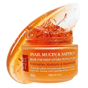 Cooling gel mask featuring Snail Mucin for repair and radiant Saffron-Turmeric extracts.