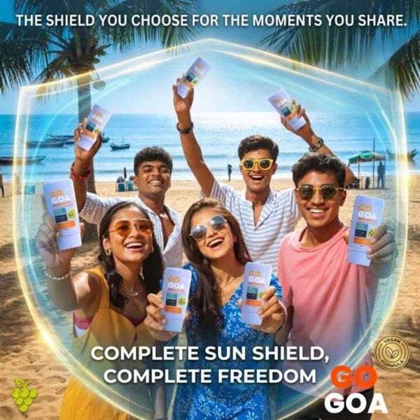 Group of friends holding My Turmerick Secret sunscreen bottles on a sunny beach promoting complete sun shield protection
