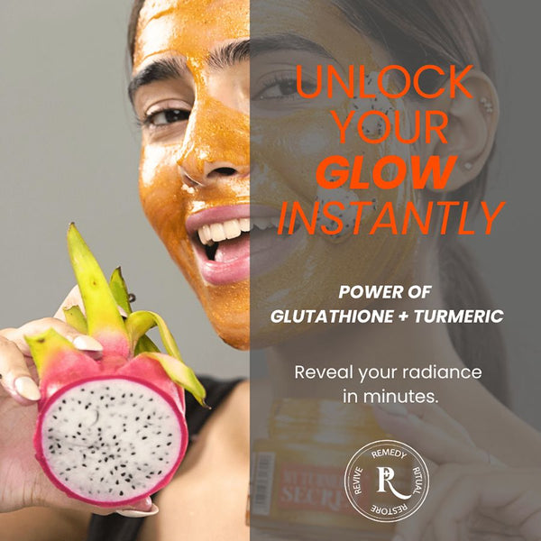 24k gold turmeric face mask applied on smiling woman holding dragon fruit best anti-aging 2-in-1 mask