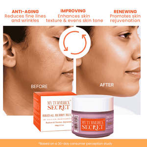 My Turmerick Secret Bridal Skincare de tan face pack showing before and after results with radiant skin and viral glow