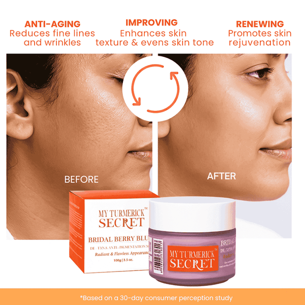 My Turmerick Secret Bridal Skincare de tan face pack showing before and after results with radiant skin and viral glow