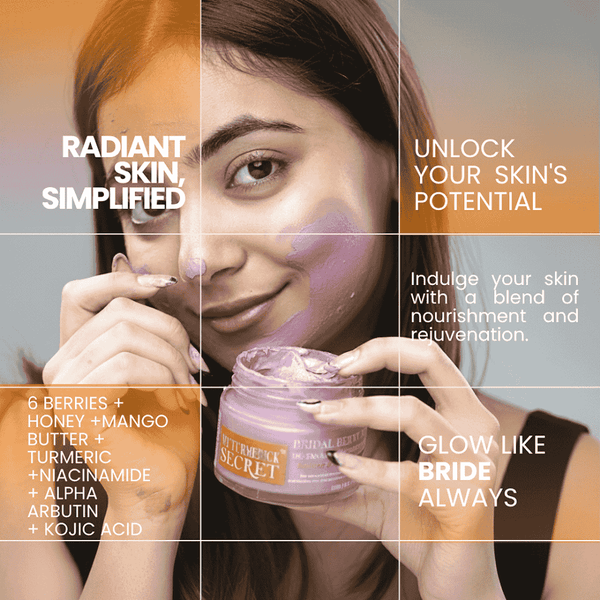 Bridal Skincare de tan face pack viral glow skincare Radiance boosting mask by My Turmerick Secret applied on woman’s face