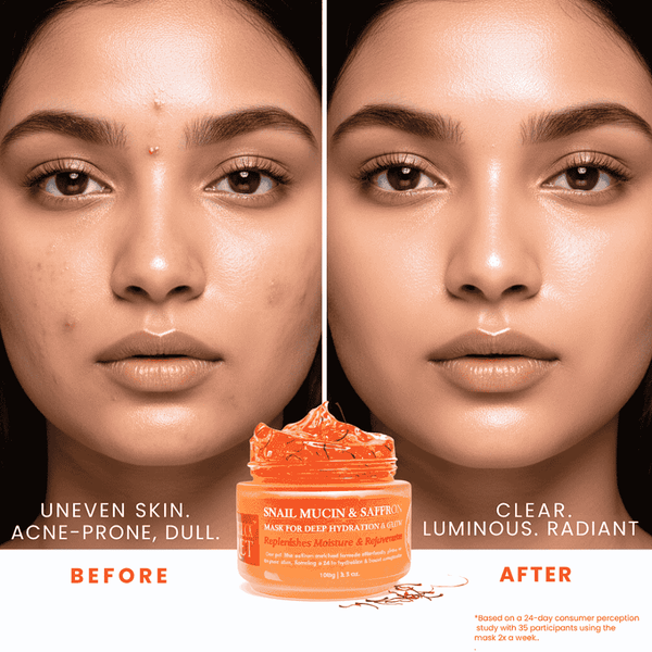 Saffron face mask by My Turmerick Secret showing before and after results with snail mucin skincare hydrating face pack and brightening face pack