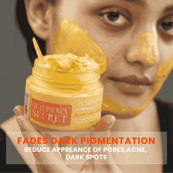 My Turmerick Secret Pumpkin Face mask applied on woman’s face for hyper pigmentation exfoliator glycolic mask no tan face pack