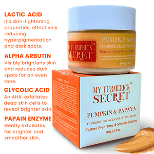 My Turmerick Secret Pumpkin Face mask with glycolic mask, exfoliator, papain enzyme for hyper pigmentation and no tan face pack