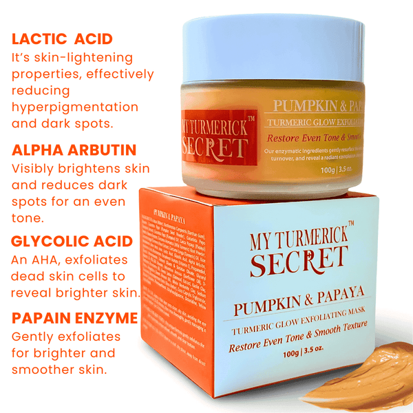 My Turmerick Secret Pumpkin Face mask with glycolic mask, exfoliator, papain enzyme for hyper pigmentation and no tan face pack