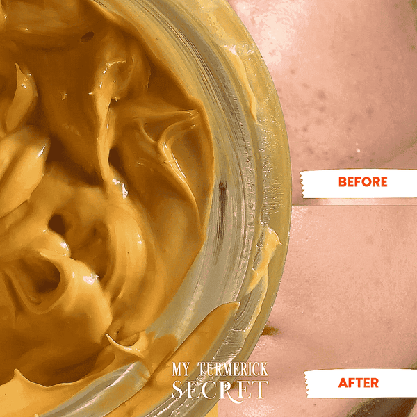 Pumpkin Face mask by My Turmerick Secret showing before and after effects on hyper pigmentation with exfoliator glycolic mask no tan face pack