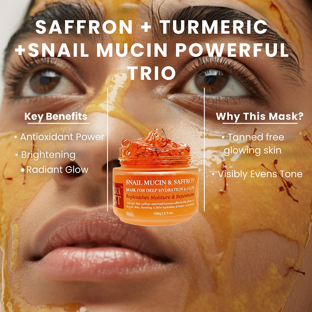 Cooling gel mask featuring Snail Mucin for repair and radiant Saffron-Turmeric extracts.