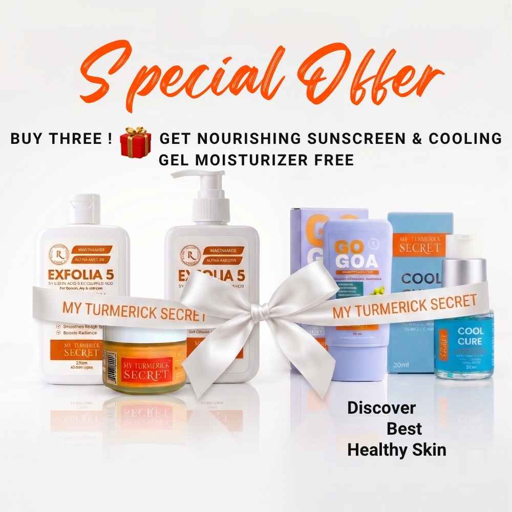 Special offer on My Turmerick Secret skincare set with nourishing sunscreen doors and cooling gel moisturizer