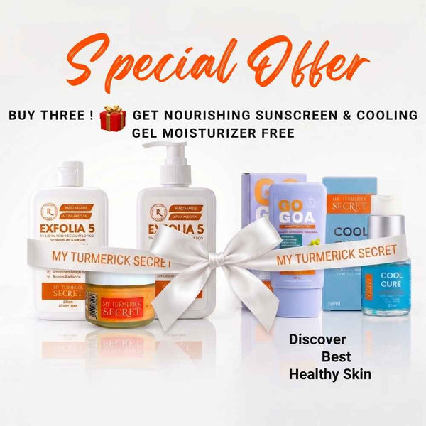 Special offer on My Turmerick Secret skincare set with nourishing sunscreen doors and cooling gel moisturizer